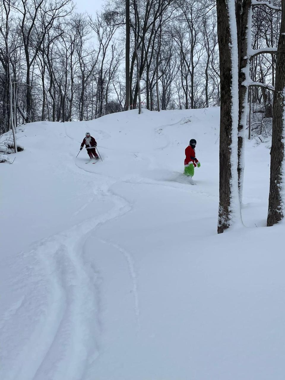 Skiers try the new Weezy's Way black diamond run at Swiss Valley Ski & Snowboard Area in Jones in late December's natural snow.