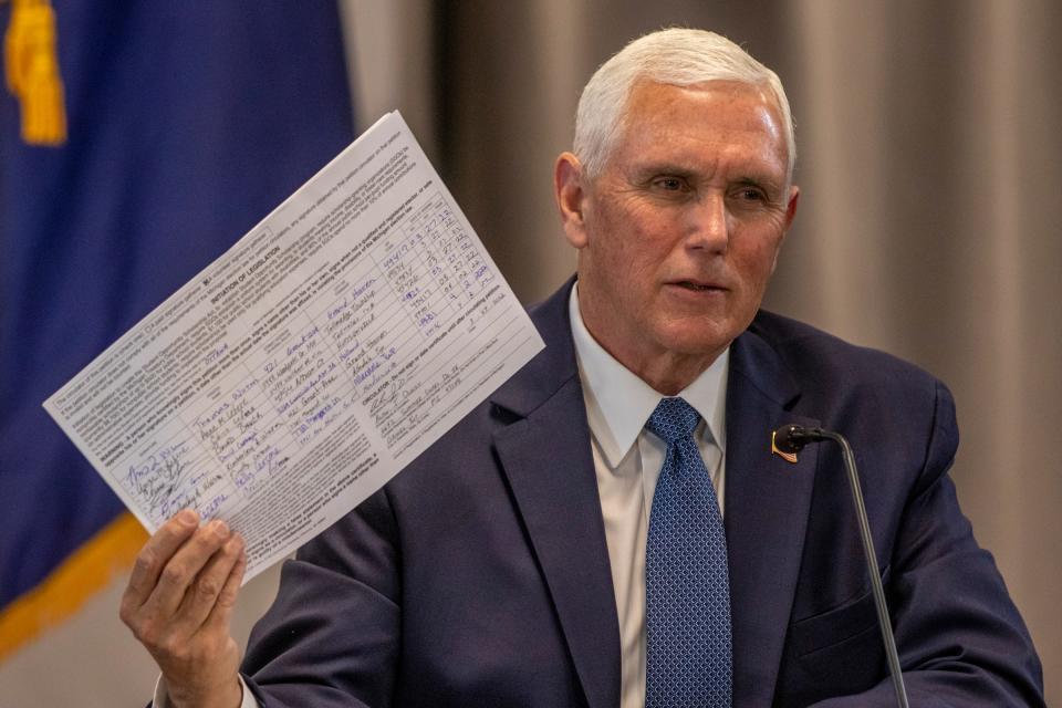 Former Vice President Mike Pence speaks about a proposal to provide educational scholarships to Michigan students, during a roundtable in Rochester Hills on May 17, 2022.