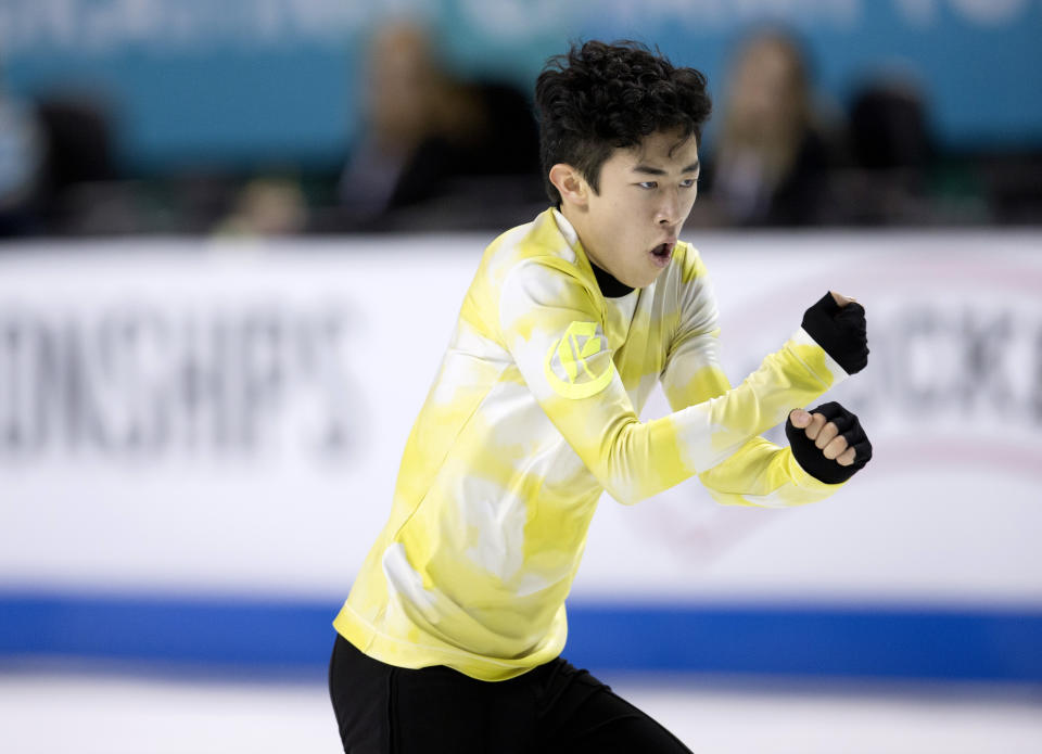 Nathan Chen performs his men's free skate program at the U.S. Figure Skating Championships, Sunday, Jan. 26, 2020, in Greensboro, N.C. (AP Photo/Lynn Hey)