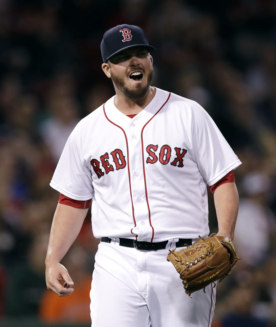 FILE - Boston Red Sox relief pitcher Austin Maddox reacts during the sixth inning of a baseball game at Fenway Park in Boston, Thursday, Sept. 28, 2017. Former Boston Red Sox pitcher Austin Maddox was arrested in Florida last month as part of an underage sex sting, authorities announced Monday, May 20, 2024. Maddox was one of 27 people arrested as part of a multi-agency operation late last month, Jacksonville Sheriff T.K. Waters said.(AP Photo/Charles Krupa, File)