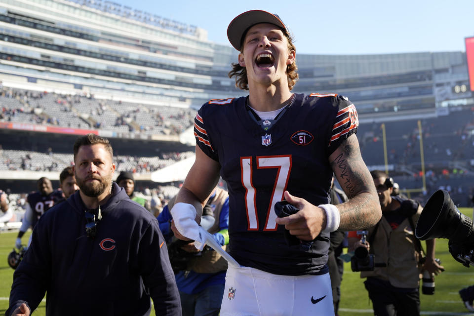 Chicago Bears quarterback Tyson Bagent leaves the field after his team defeated the Las Vegas Raiders in an NFL football game Sunday, Oct. 22, 2023, in Chicago. (AP Photo/Nam Y. Huh)