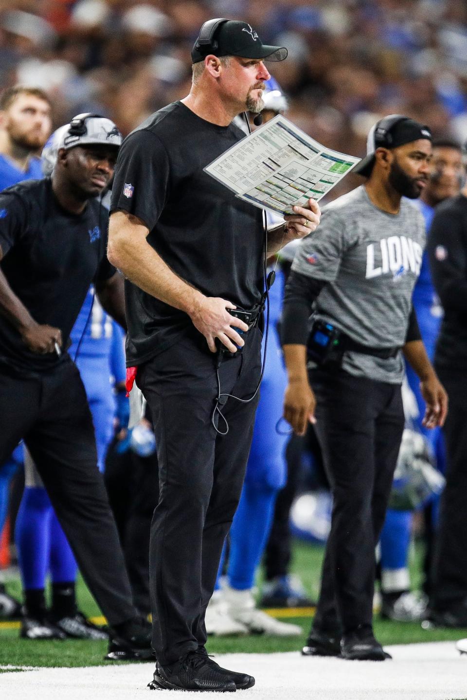 Detroit Lions head coach Dan Campbell watches a play against the Denver Broncos during the second half at Ford Field in Detroit on Saturday, Dec. 16, 2023.