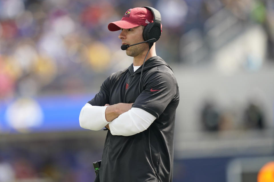 Arizona Cardinals head coach Jonathan Gannon watches from the sideline during the first half of an NFL football game against the Los Angeles Rams Sunday, Oct. 15, 2023, in Inglewood, Calif. (AP Photo/Ryan Sun)