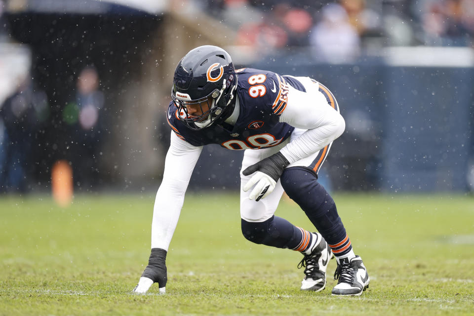 Chicago Bears defensive end Montez Sweat (98) lines up during the first half of an NFL football game against the Atlanta Falcons, Sunday, Dec. 31, 2023, in Chicago. (AP Photo/Kamil Krzaczynski)