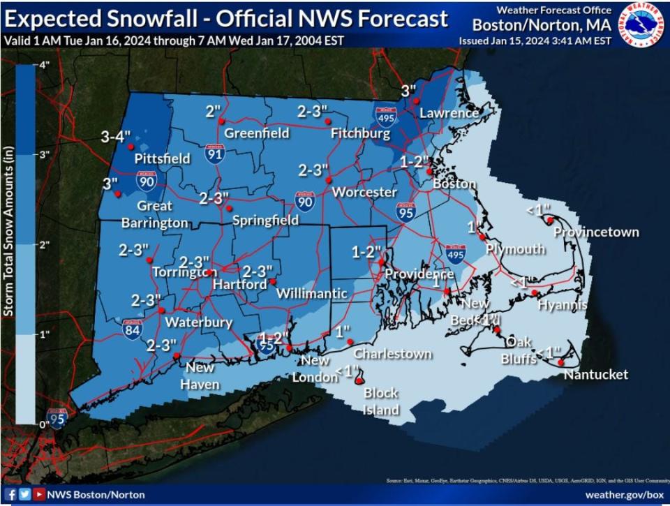 The National Weather Service expected snowfall forecast for Jan. 16, 2023.