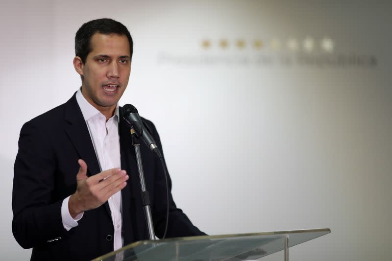 Venezuelan opposition leader Juan Guaido, who many nations have recognised as the country's rightful interim ruler, speaks during a news conference in Caracas