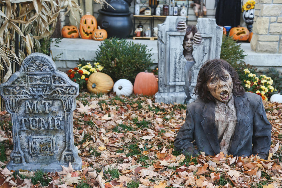 Scary Halloween decorations outside the Thornhill Woods Haunted House during the COVID-19 pandemic in Thornhill, Ontario, Canada, on October 20, 2020. (Photo by Creative Touch Imaging Ltd./NurPhoto via Getty Images)