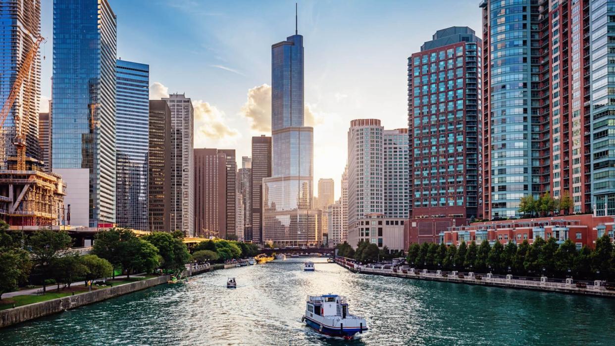 Chicago Cityscape from Chicago River Waterfront at Dusk.