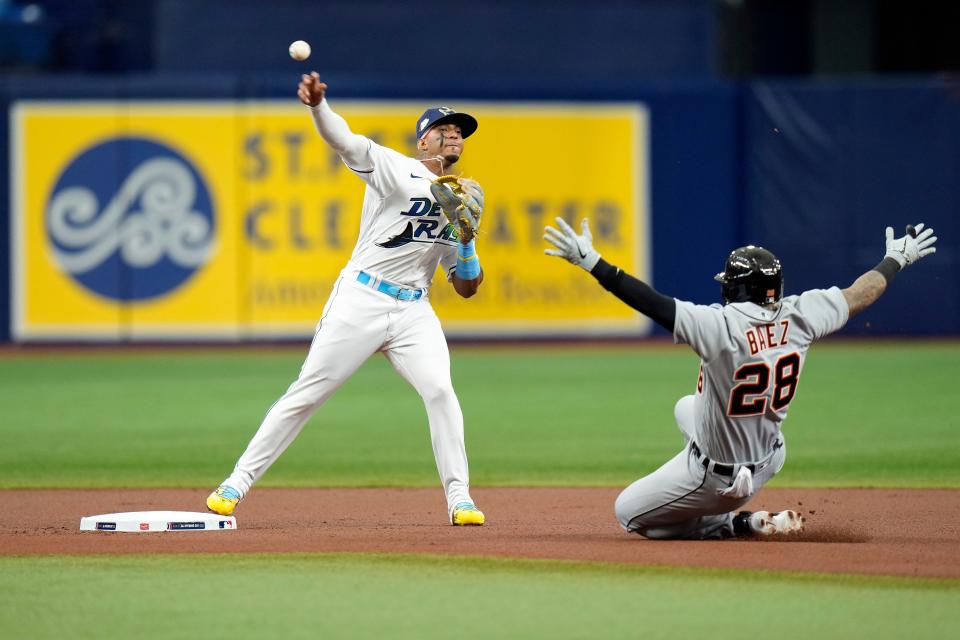 Tampa Bay Rays shortstop Wander Franco forces Detroit Tigers' Javier Baez (28) at second base on a fielder's choice by Riley Greene during the first inning at Tropicana Field in St. Petersburg, Florida, on Thursday, March 30, 2023.