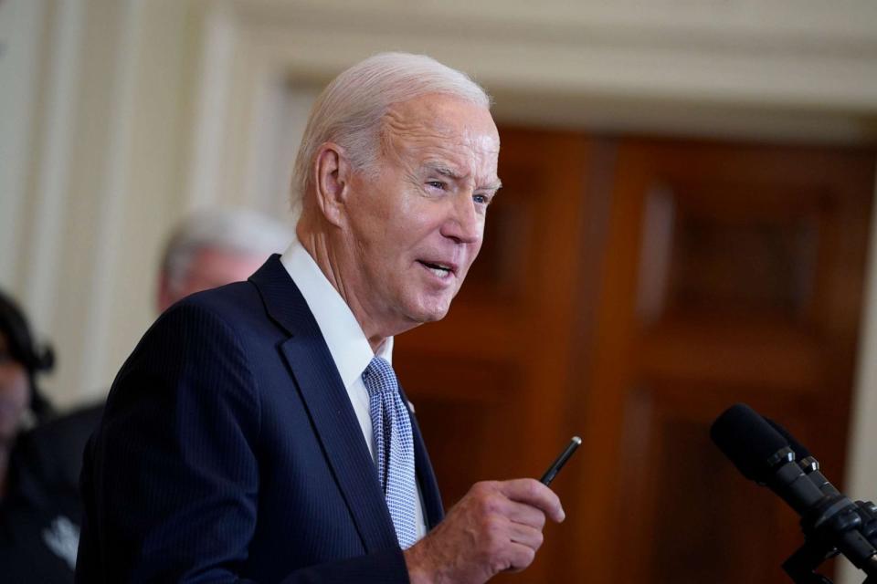 PHOTO: President Joe Biden speaks on the anniversary of the Inflation Reduction Act during an event in the East Room of the White House, Wednesday, Aug. 16, 2023, in Washington. (Evan Vucci/AP)