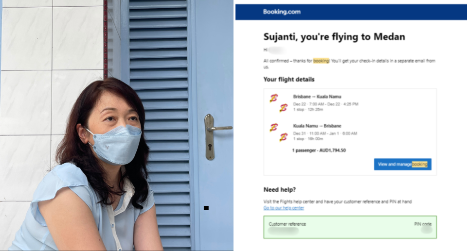 Left image is of Sujanti while on holidays, wearing a face mask. Right image is a screenshot of her original Booking.com flight booking.