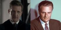 <p>Paul Sparks is Billy Graham, the American evangelist whose sermons, which were widely broadcasted on TV and radio, eventually caught the attention of Queen Elizabeth II. In 1997, Graham <a href="https://billygraham.org/story/billy-graham-and-the-queen/" rel="nofollow noopener" target="_blank" data-ylk="slk:wrote in his autobiography;elm:context_link;itc:0;sec:content-canvas" class="link ">wrote in his autobiography</a>, “No one in Britain has been more cordial toward us than Her Majesty Queen Elizabeth II. Almost every occasion I have been with her has been in a warm, informal setting, such as a luncheon or dinner, either alone or with a few family members or other close friends.” </p>