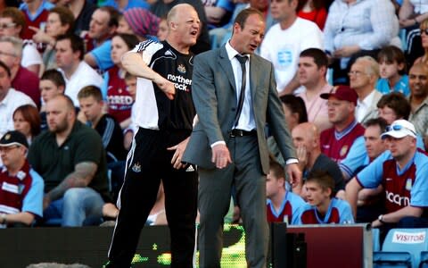 Newcastle United manager Alan Shearer (R) and his assistant manager Iain Dowie react during the Barclays Premier League match between Aston Villa and Newcastle United at Villa Park on May 24, 2009 in Birmingham, England. Newcastle United were relegated after their 0-1 defeat by Aston Villa - Credit: Getty Images