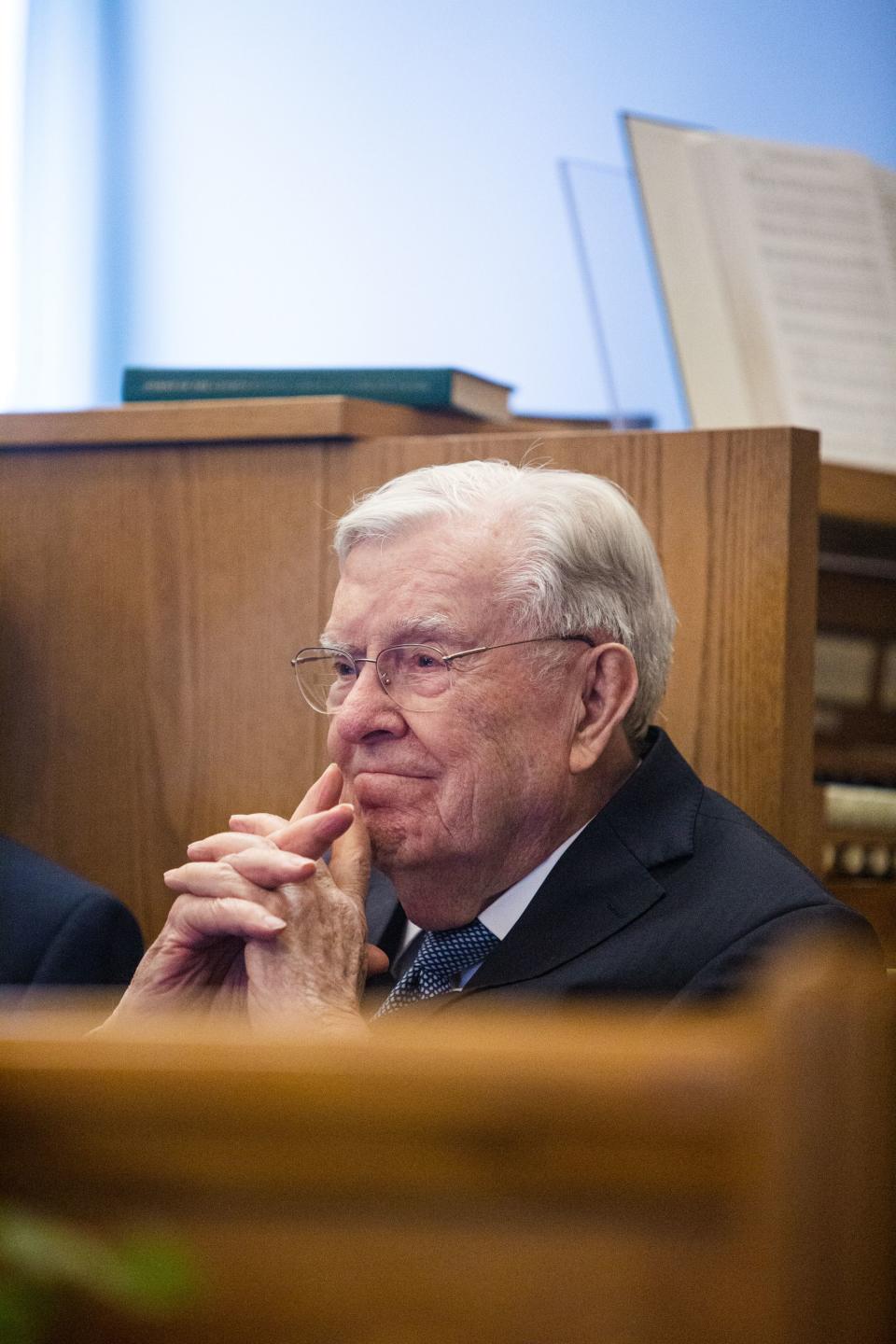 President M. Russell Ballard, acting president of the Quorum of the Twelve Apostles of The Church of Jesus Christ of Latter-day Saints, during a special stake conference of the Hamilton Ontario Stake, April 23, 2023. | Nick Lachance, Nick Lachance, for the Deseret News