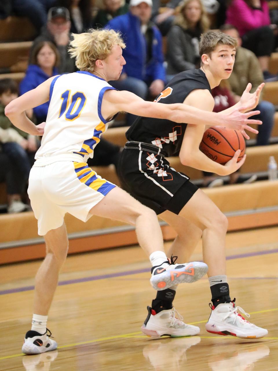 Jefferson’s Blake Schroeder of Jefferson pressures Summerfield’s Teddy Gault during a 57-40 Summerfield win Tuesday night.