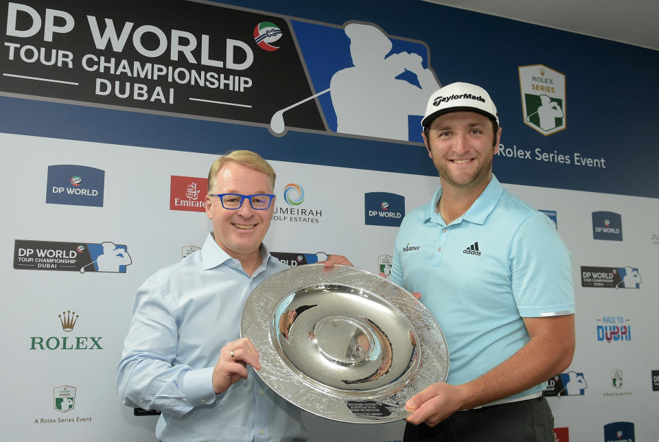 Jon Rahm is presented with the 2017 Rookie of the Year award by European Tour Chief Executive Keith Pelley at Jumeirah Golf Estates in Dubai, United Arab Emirates. (Photo: Tom Dulat/Getty Images)