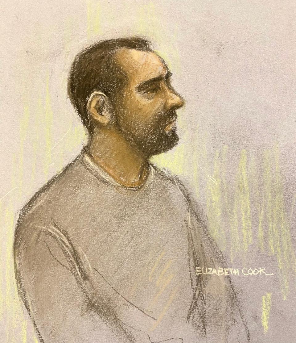 Court artist sketch by Elizabeth Cook of Daniel Mihai Popescu, 28, at Merthyr Tydfil Magistrates' Court. (PA)