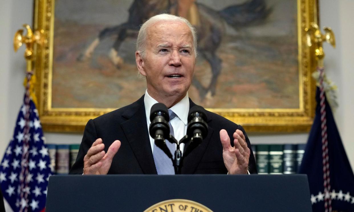 <span>Joe Biden speaks from the Roosevelt Room of the White House in Washington DC, on 14 July 2024.</span><span>Photograph: Susan Walsh/AP</span>