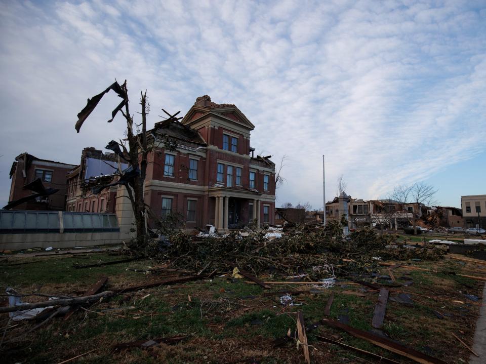 Heavy damage is seen of the town courthouse after a tornado swept through the area on December 11, 2021 in Mayfield, Kentucky (Getty Images)