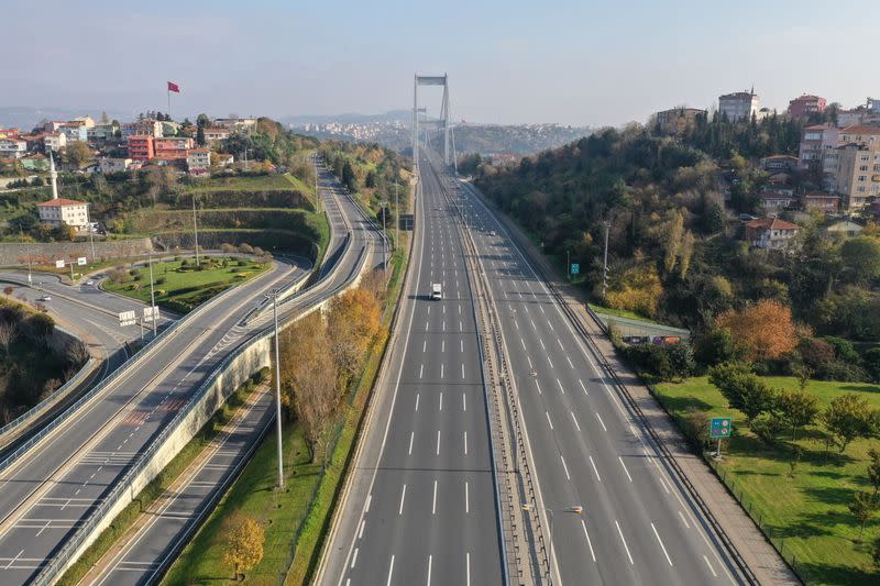 Drone footage reveals a highway during a two-day curfew which was imposed to prevent the spread of the coronavirus disease (COVID-19), in Istanbul