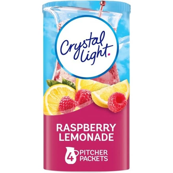 A box of Crystal Light drink packets.