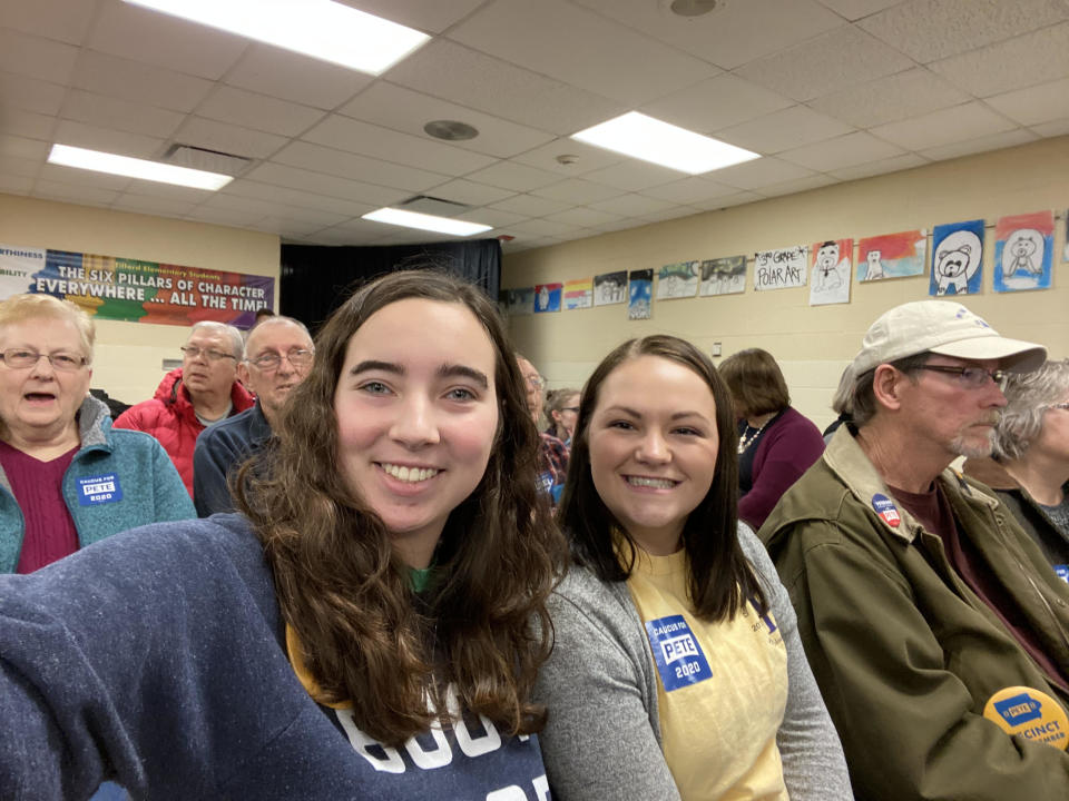 Kayla Cook and Alexis Miller, students at University of Northern Iowa, attend a campaign event for South Bend, Ind., Mayor Pete Buttigieg in Vinton, Iowa on January 27, 2020 | Courtesy of Kayla Cook