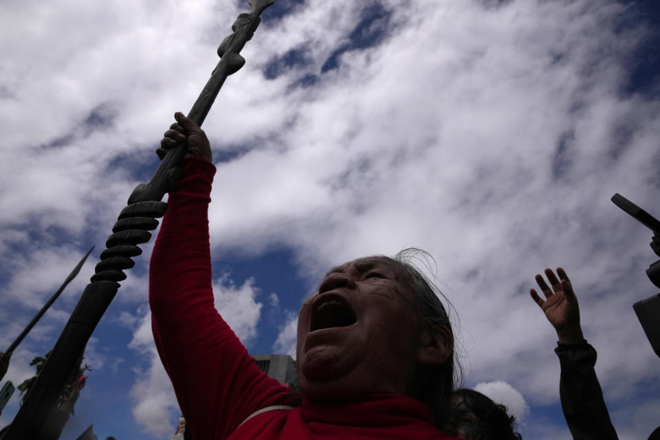 Indigenous women rally to show their support for the recent protests and national strike against the government of President Guillermo Lasso, outside the Central University, in Quito, Ecuador, Saturday, June 25, 2022. Ecuador’s president charged Friday that the Indigenous leader heading the nationwide strike is seeking to stage a coup and warned he will use all legal tools to contain the violence unleashed by the demonstrations. (AP Photo/Dolores Ochoa)