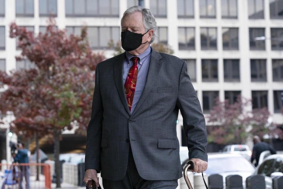 Thomas Caldwell of Berryville, Va., a defendant charged with seditious conspiracy in one of the most serious cases to emerge from the Jan. 6, 2021 attack on the U.S. Capitol, arrives at the Federal Courthouse in Washington, Monday, Nov. 7, 2022. ( AP Photo/Jose Luis Magana)