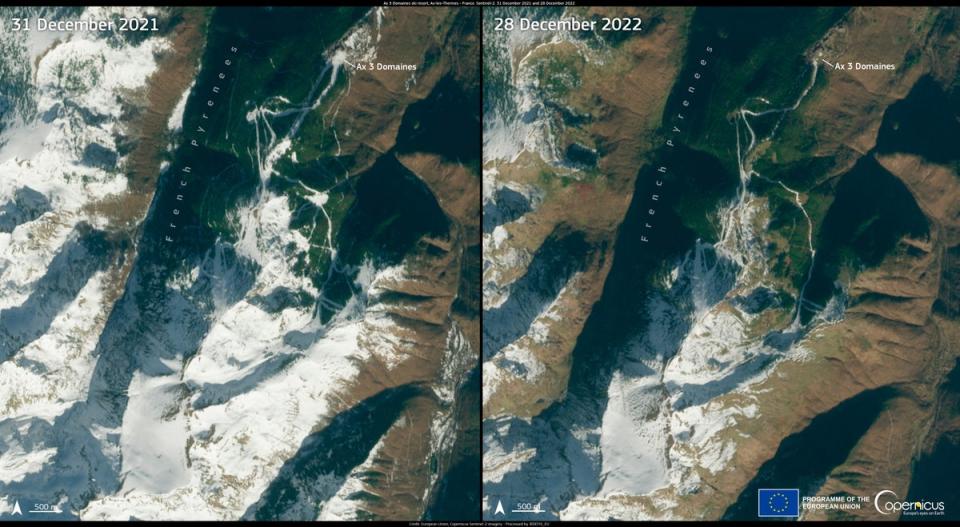 January 2023 began with a significant heatwave in Europe and sparse snowfall in both the Alps and the Pyrenees. Difference in snow cover is visible when comparing images from December 2021 and December 2022, in Ax-les-Thermes in the Pyrenees of southern France (European Union, Copernicus Sentinel-2 imagery)