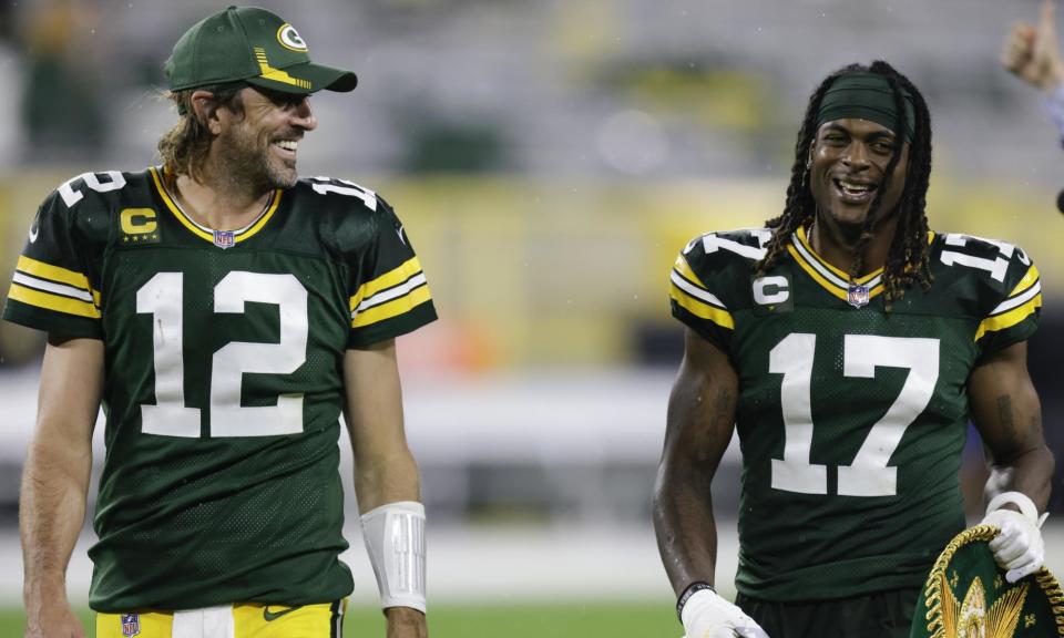 <span>Aaron Rodgers and Davante Adams in 2021, when they were members of the Green Bay Packers.</span><span>Photograph: Matt Ludtke/AP</span>