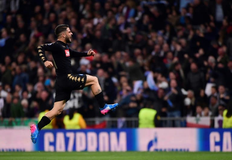 Napoli's midfielder Lorenzo Insigne celebrates a goal during the UEFA Champions League round of 16 first leg football match against Real Madrid CF February 15, 2017