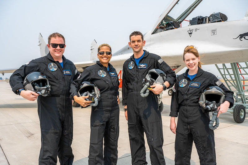 Sembroski, left, joined left to right by Proctor, Isaacman and Arceneaux underwent centrifuge training as well as flights in Isaacman's fleet of military jets to familiarize them with high accelerations. / Credit: Inspiration4