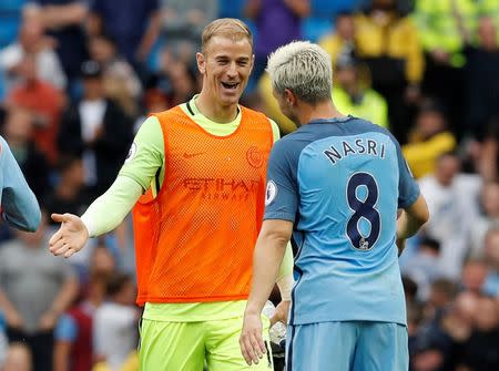 Football Soccer Britain - Manchester City v West Ham United - Premier League - Etihad Stadium - 28/8/16 Manchester City's Joe Hart and Samir Nasri celebrate after the match Reuters / Darren Staples Livepic