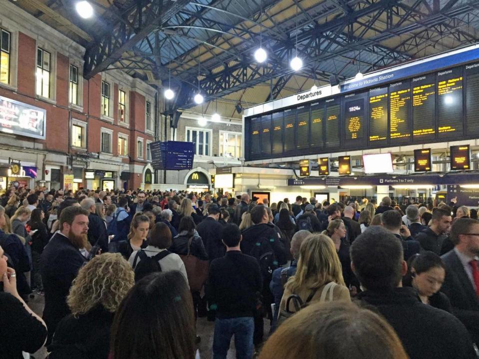 Passengers at Victoria station in London are told there are no Southeastern services in or out the station because of a power failure (PA)