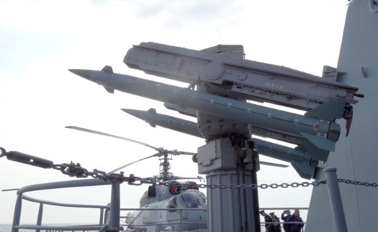 An anti-aircraft defence missile system on the Moskva cruiser in the Mediterranean Sea off the coast of Syria on December 17, 2015