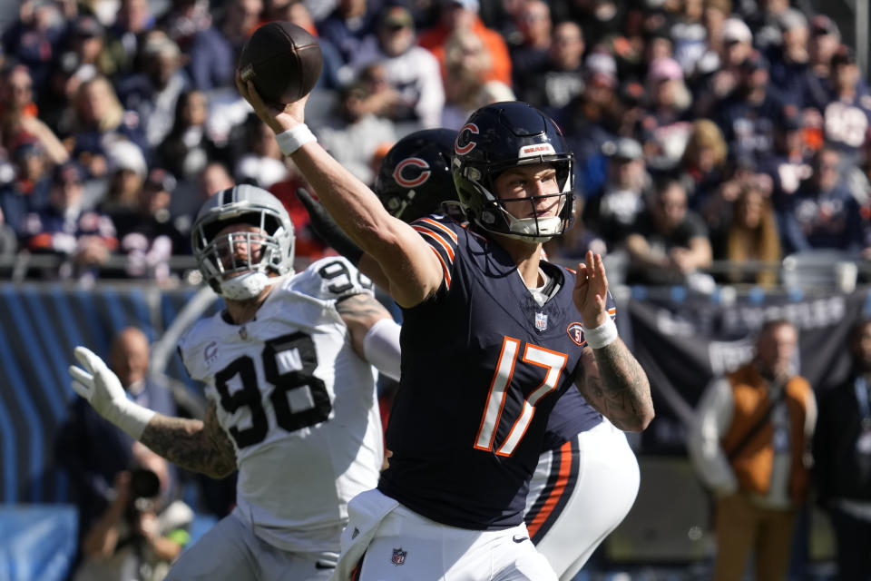 Chicago Bears quarterback Tyson Bagent (17) passes against the Las Vegas Raiders in the first half of an NFL football game, Sunday, Oct. 22, 2023, in Chicago. (AP Photo/Nam Y. Huh)