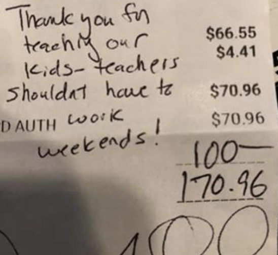 Parents leave $100 tip for teacher who has to work two jobs (Source: Catherine Acampora-Nielson/Facebook)