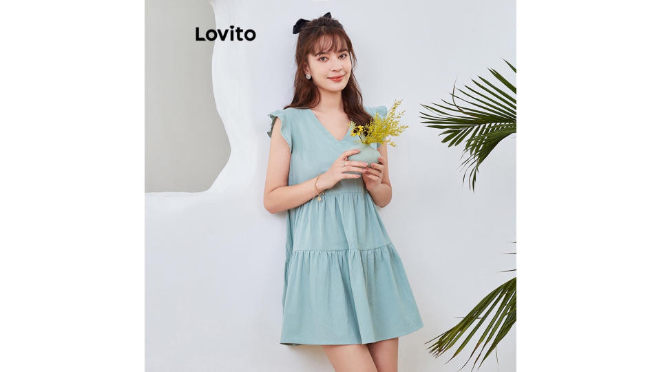 Lovito Solid Casual Cute Loose V Neck Ruffle A-line Mini Dress for Women. (Photo: Shopee SG)