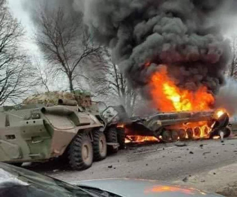 A Russian tank destroyed in battle at Glukhov, Ukraine.