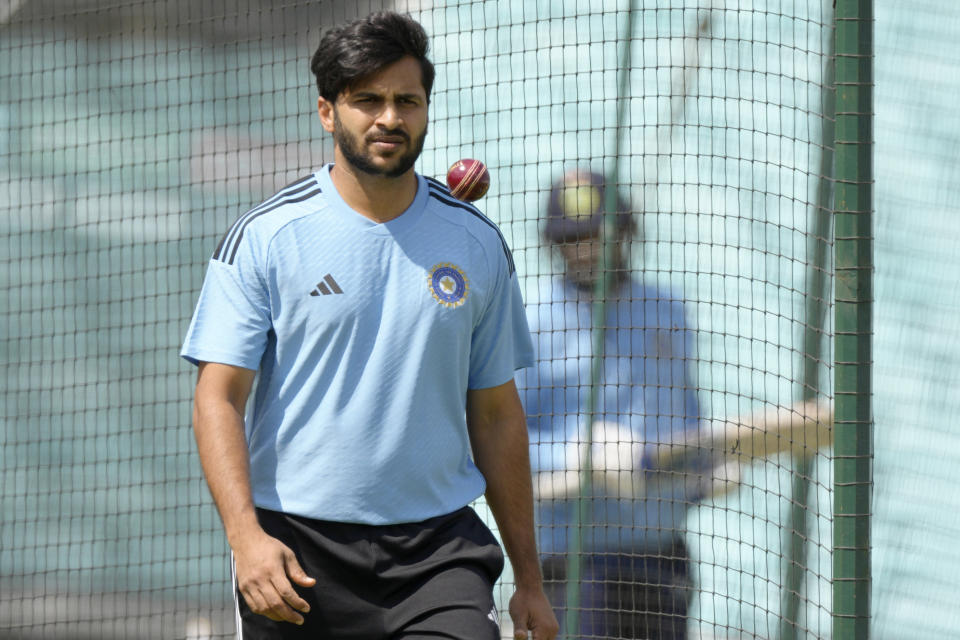 India's Shardul Thakur during a training session at The Oval cricket ground in London, Monday, June 5, 2023. Australia will play India in the World Test Championship 2023 Final at The Oval starting June 7. (AP Photo/Kirsty Wigglesworth)