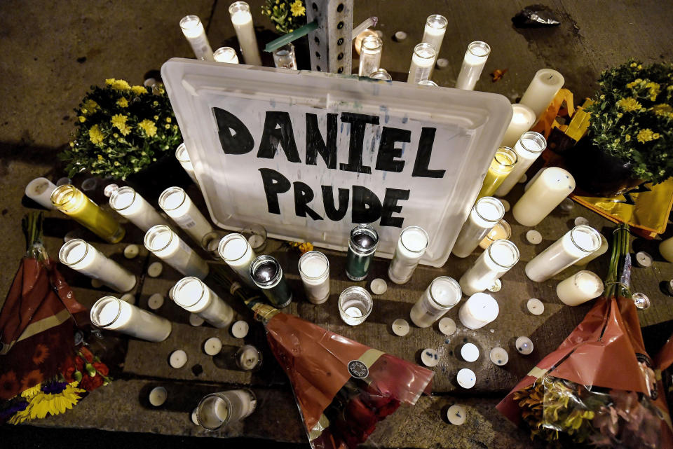 FILE - This Sept. 2, 2020 file photo, shows a makeshift memorial, in Rochester, N.Y., near the site where Daniel Prude was restrained by police officers. Newly released transcripts show that a grand jury investigating the police suffocation death of Prude last year, voted 15-5 not to charge the three officers involved in his restraint of a criminally negligent homicide charge sought by prosecutors. That was the only charge prosecutors from the state attorney general’s office asked the grand jury to consider after nine days of testimony. (AP Photo/Adrian Kraus, File)