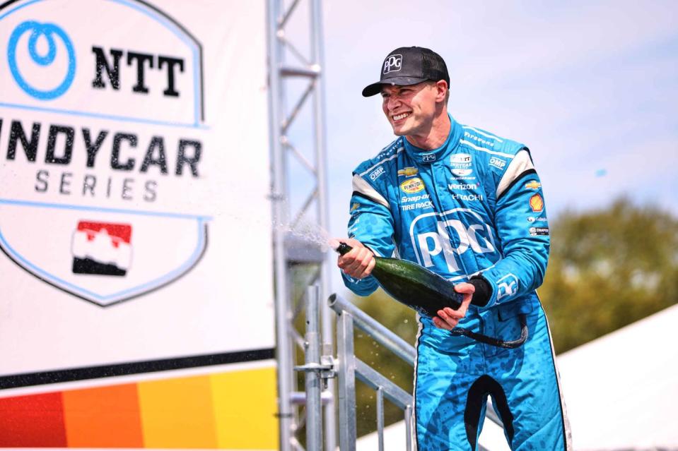 pole sitter josef newgarden, driver of the 2 ppg team penske chevrolet indycar v6, celebrates his victory sunday, march 10, 2024, after winning the ntt indycar series opener the grand prix of st petersburg through the streets of st petersburg, florida photo by josh tonslat for chevy racing