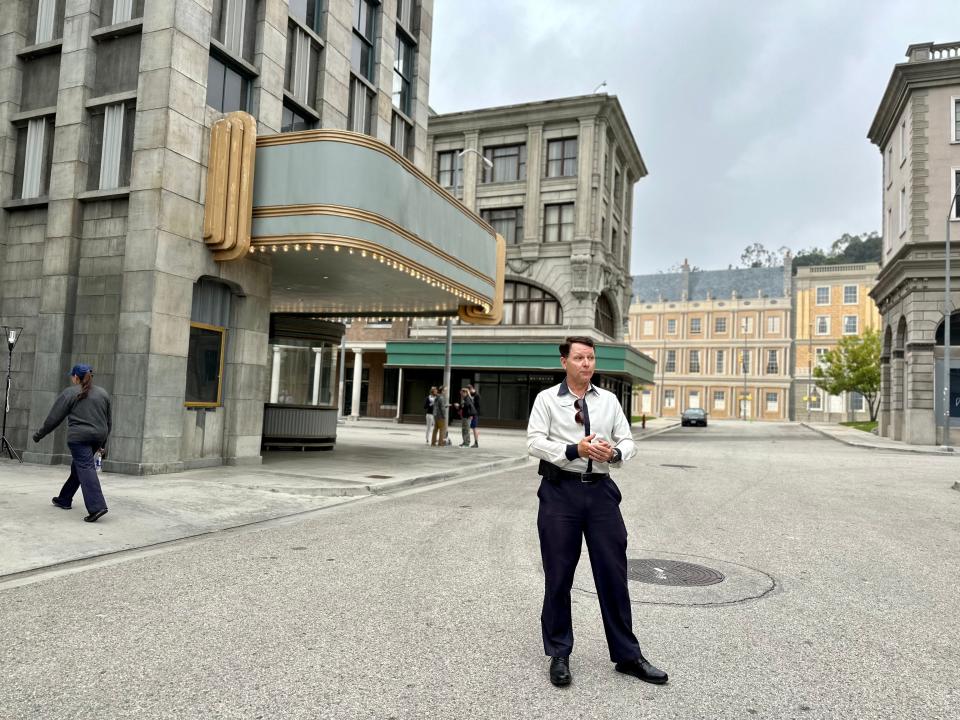 tour guide on new york city-style backlot at Universal