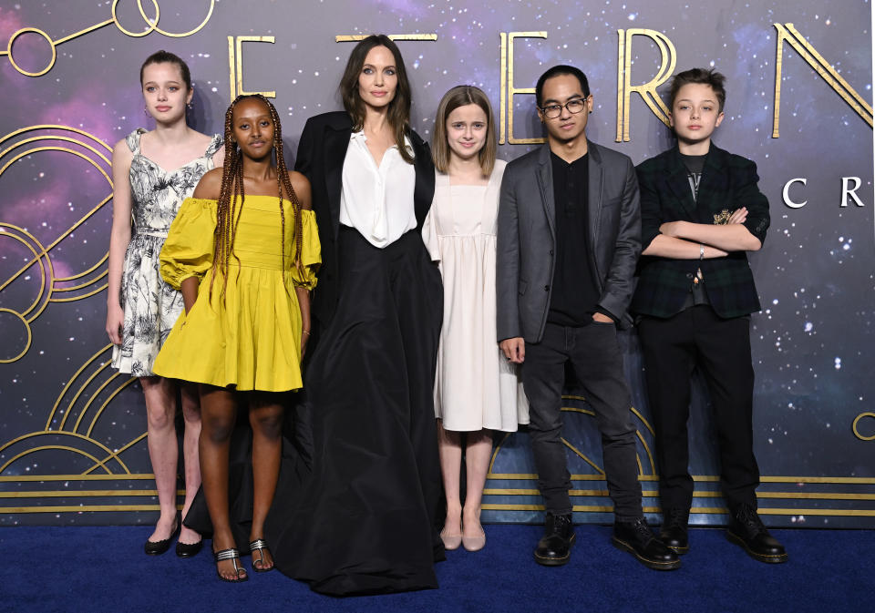 LONDON, ENGLAND - OCTOBER 27: (L-R) Shiloh Jolie-Pitt, Zahara Jolie-Pitt, Angelina Jolie, Vivienne Jolie-Pitt, Maddox Jolie-Pitt and Knox Jolie-Pitt attend the "The Eternals" UK Premiere at BFI IMAX Waterloo on October 27, 2021 in London, England. (Photo by Karwai Tang/WireImage)