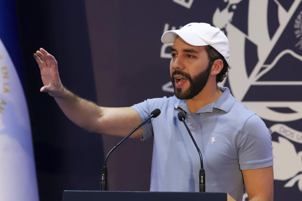 El Salvador President Nayib Bukele, who is seeking re-election, speaks during a press conference after voting in the general election in San Salvador, El Salvador, Sunday, Feb. 4, 2024. (AP Photo/Salvador Melendez)