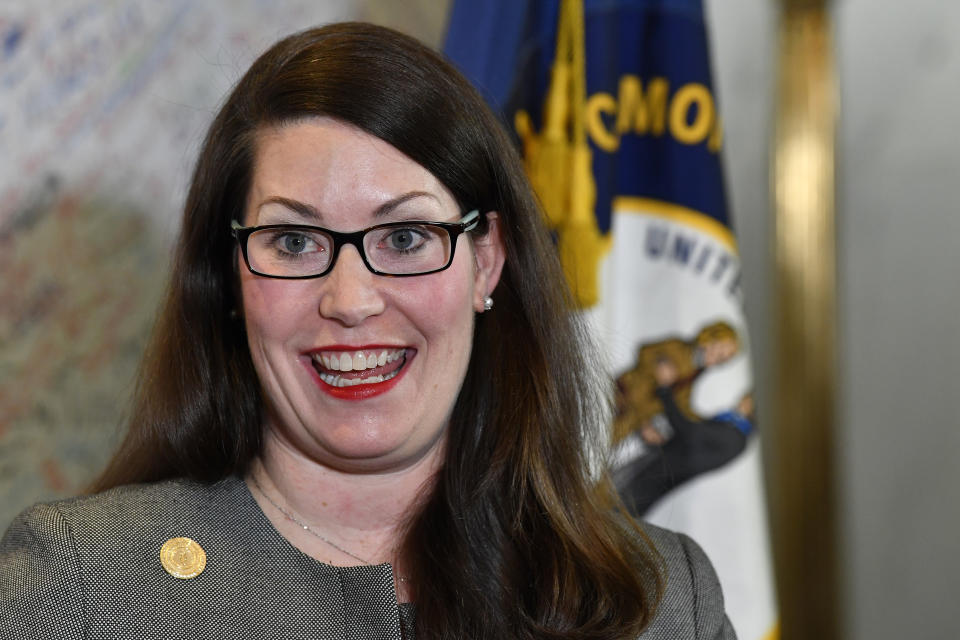 Kentucky Secretary of State Alison Lundergan Grimes speaks with reporters following the remcanvass of the Kentucky gubernatorial race in Frankfort, Ky., Thursday, Nov. 14, 2019. Democrat Andy Beshear defeated incumbent republican Governor Matt Bevin by 5136 votes. (AP Photo/Timothy D. Easley)