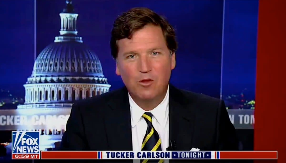 Tucker Carlson on his last show on the network (Fox News)