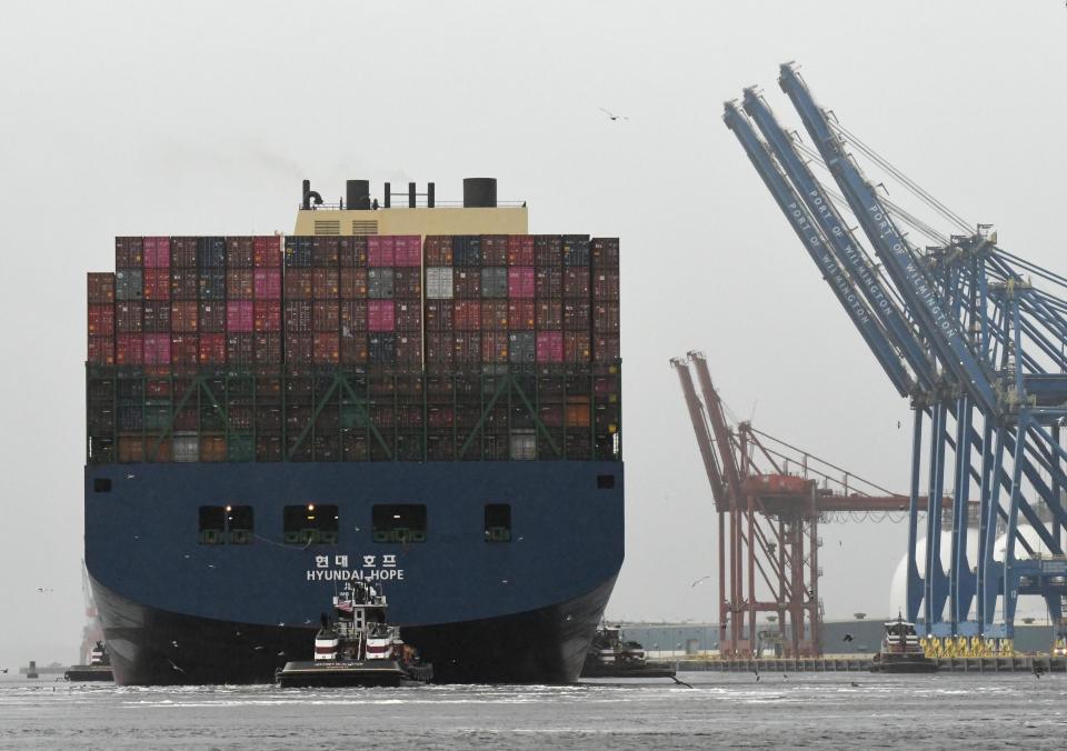 The MV Hyundai Hope is brought into the Port of Wilmington Wednesday May 20, 2020 along the Cape Fear River. The container ship is the largest in NC Ports history at 157 feet wide and nearly 1,200 feet long. It can carry almost 14,000 20-foot containers. Several changes at the port in the last several years including the widening of its turning basin just upriver from the port have made it possible for the port to accommodate larger ships.
