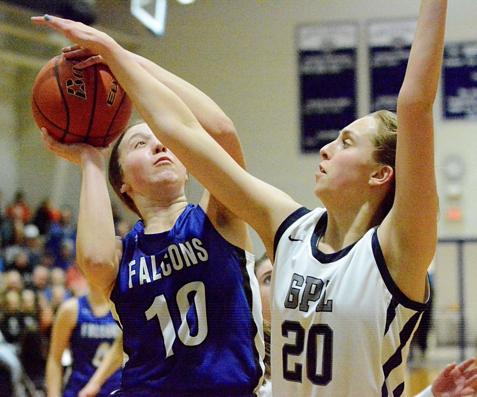 Florence-Henry's Katelyn Klitzke puts up a shot against Great Plains Lutheran's Olivia Holmen during a high school basketball doubleheader on Thursday, Jan. 26, 2023 in Watertown.
