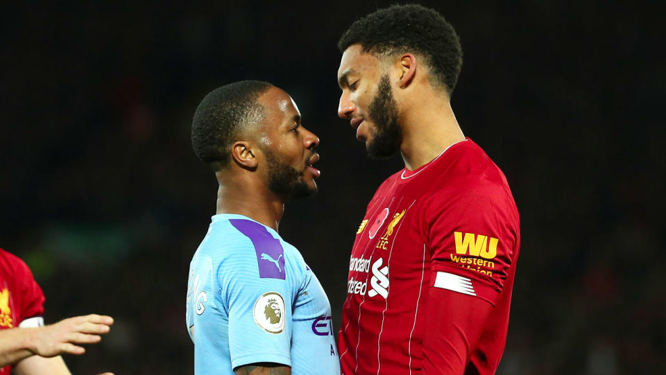 Raheem Sterling and Joe Gomez during the Premier League match between Liverpool FC and Manchester City at Anfield on November 10, 2019 in Liverpool, United Kingdom. (Photo by Robbie Jay Barratt - AMA/Getty Images)